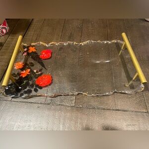 Custom Handcrafted Resin Tray with Gold Handles and Red Floral Accents